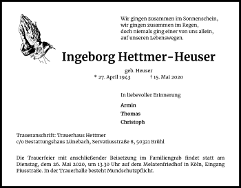 Anzeige von Ingeborg Hettmer-Heuser von Kölner Stadt-Anzeiger / Kölnische Rundschau / Express