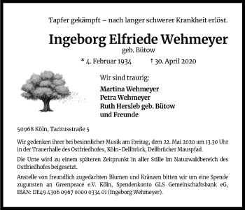 Anzeige von Ingeborg Elfriede Wehmeyer von Kölner Stadt-Anzeiger / Kölnische Rundschau / Express
