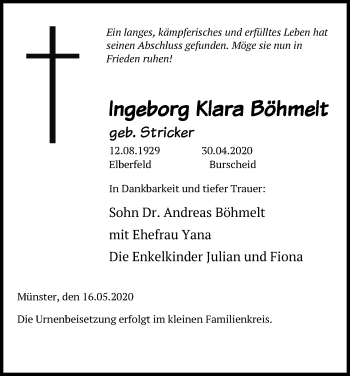 Anzeige von Ingeborg Klara Böhmelt von Kölner Stadt-Anzeiger / Kölnische Rundschau / Express