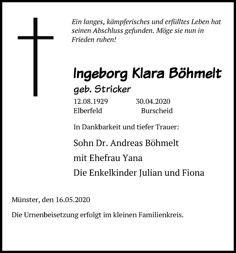  Traueranzeige für Ingeborg Klara BÃ¶hmelt vom 16.05.2020 aus Kölner Stadt-Anzeiger / Kölnische Rundschau / Express