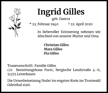 Anzeige von Ingrid Gilles von Kölner Stadt-Anzeiger / Kölnische Rundschau / Express