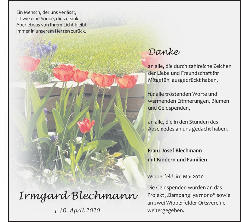  Traueranzeige für Irmgard Blechmann vom 23.05.2020 aus Kölner Stadt-Anzeiger / Kölnische Rundschau / Express