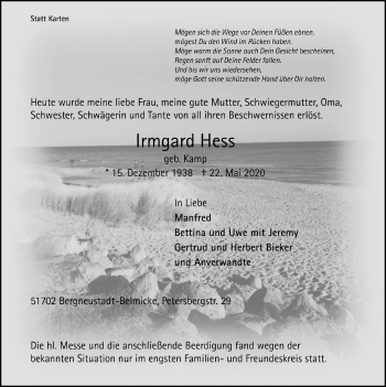 Anzeige von Irmgard Hess von  Anzeigen Echo 