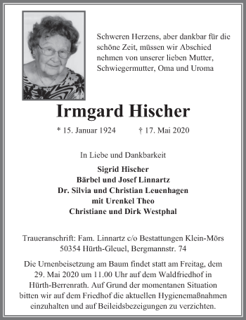 Anzeige von Irmgard Hischer von  Wochenende 