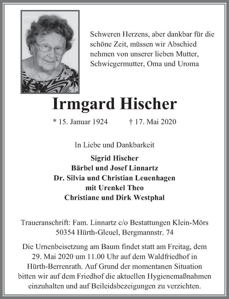  Traueranzeige für Irmgard Hischer vom 22.05.2020 aus  Wochenende 