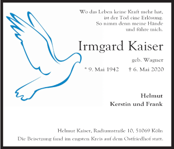 Anzeige von Irmgard Kaiser von Kölner Stadt-Anzeiger / Kölnische Rundschau / Express