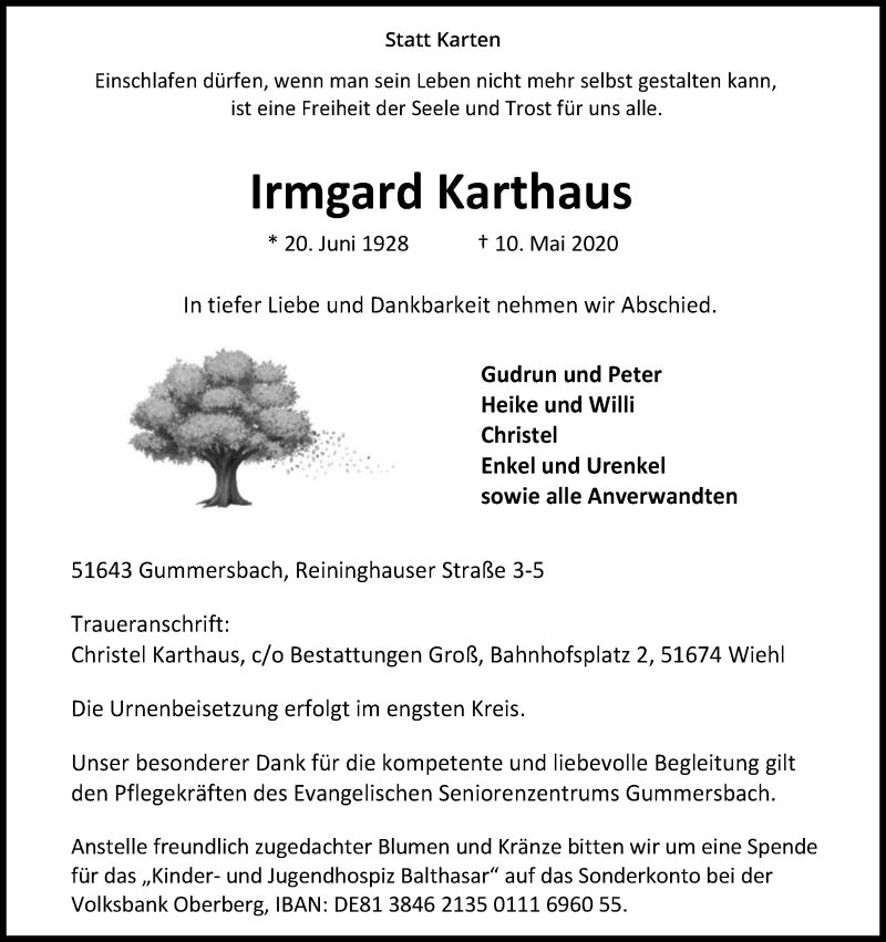  Traueranzeige für Irmgard Karthaus vom 15.05.2020 aus Kölner Stadt-Anzeiger / Kölnische Rundschau / Express