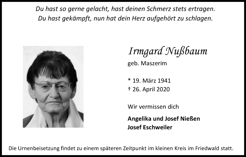  Traueranzeige für Irmgard Nußaum vom 18.05.2020 aus Kölner Stadt-Anzeiger / Kölnische Rundschau / Express
