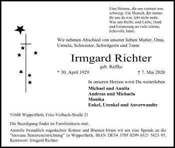 Anzeige von Irmgard Richter von Kölner Stadt-Anzeiger / Kölnische Rundschau / Express