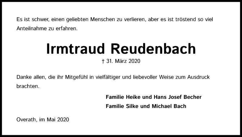  Traueranzeige für Irmtraud Reudenbach vom 16.05.2020 aus Kölner Stadt-Anzeiger / Kölnische Rundschau / Express