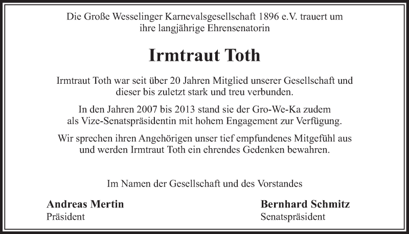  Traueranzeige für Irmtraut Toth vom 29.05.2020 aus  Schlossbote/Werbekurier 