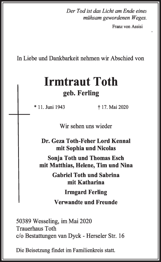  Traueranzeige für Irmtraut Toth vom 22.05.2020 aus  Schlossbote/Werbekurier 