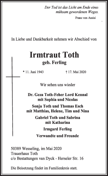 Anzeige von Irmtraut Toth von  Schlossbote/Werbekurier 