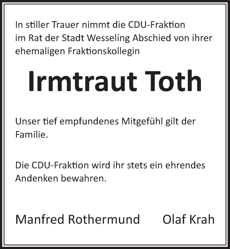  Traueranzeige für Irmtraut Toth vom 29.05.2020 aus  Schlossbote/Werbekurier 