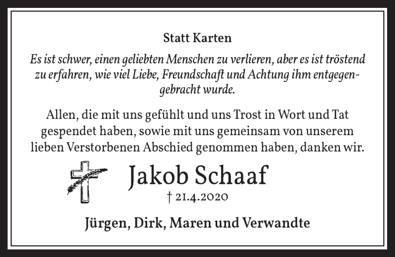  Traueranzeige für Jakob Schaaf vom 08.05.2020 aus  Werbepost 