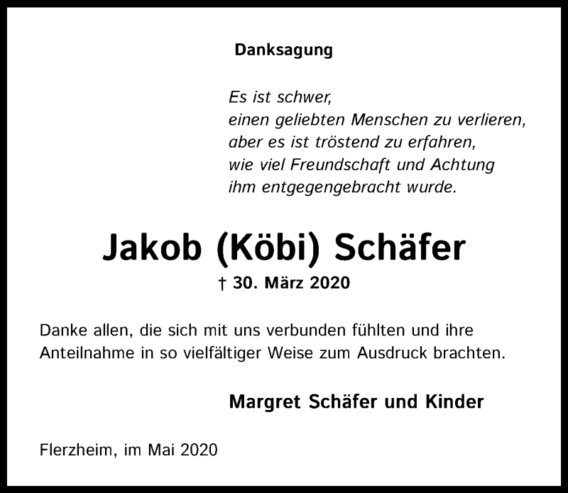  Traueranzeige für Jakob Schäfer vom 08.05.2020 aus  Schaufenster/Blickpunkt 