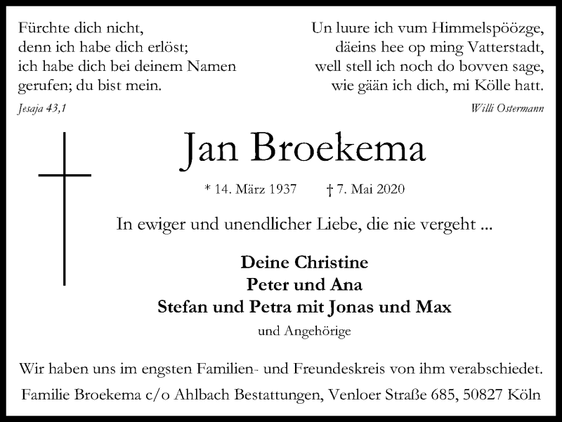  Traueranzeige für Jan Broekema vom 16.05.2020 aus Kölner Stadt-Anzeiger / Kölnische Rundschau / Express