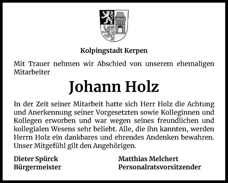  Traueranzeige für Johann Holz vom 02.05.2020 aus Kölner Stadt-Anzeiger / Kölnische Rundschau / Express
