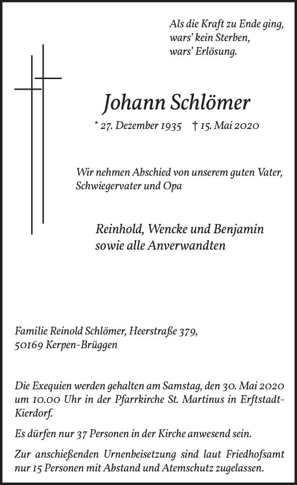  Traueranzeige für Johann Schlömer vom 29.05.2020 aus  Werbepost 