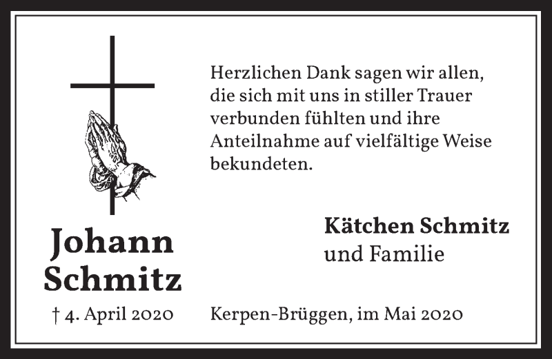  Traueranzeige für Johann Schmitz vom 08.05.2020 aus  Werbepost 