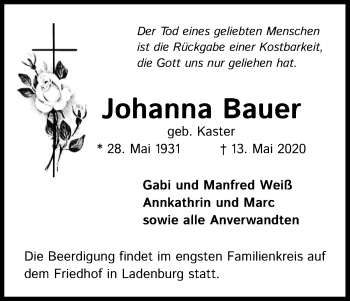Anzeige von Johanna Bauer von Kölner Stadt-Anzeiger / Kölnische Rundschau / Express