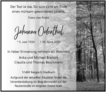 Anzeige von Johanna Odenthal von  Bergisches Handelsblatt 