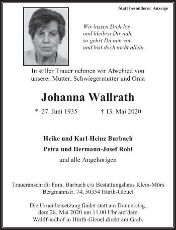 Anzeige von Johanna Wallrath von  Wochenende 