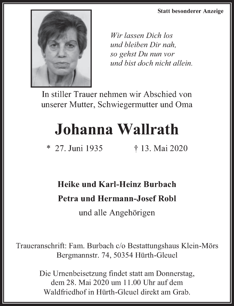  Traueranzeige für Johanna Wallrath vom 22.05.2020 aus  Wochenende 