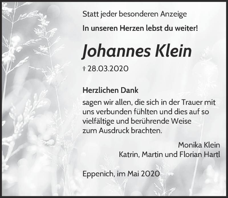  Traueranzeige für Johannes Klein vom 30.05.2020 aus  Blickpunkt Euskirchen 