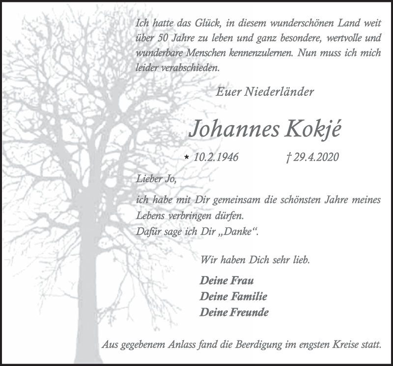  Traueranzeige für Johannes Kokjé vom 08.05.2020 aus  Schlossbote/Werbekurier 