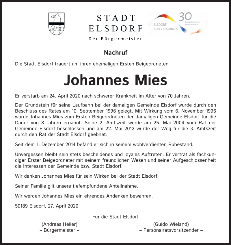  Traueranzeige für Johannes Mies vom 11.05.2020 aus Kölner Stadt-Anzeiger / Kölnische Rundschau / Express