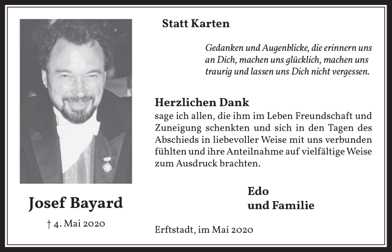  Traueranzeige für Josef Bayard vom 29.05.2020 aus  Werbepost 