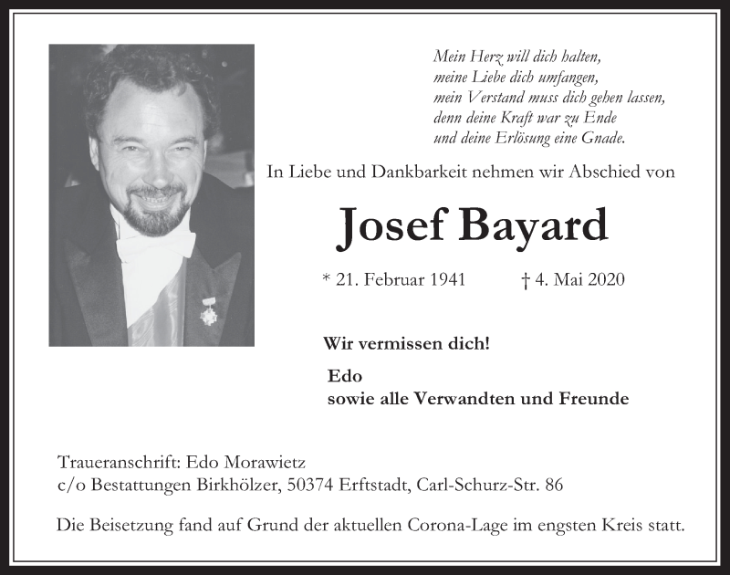  Traueranzeige für Josef Bayard vom 15.05.2020 aus  Werbepost 