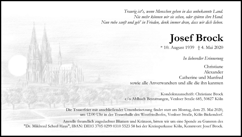  Traueranzeige für Josef Brock vom 16.05.2020 aus Kölner Stadt-Anzeiger / Kölnische Rundschau / Express