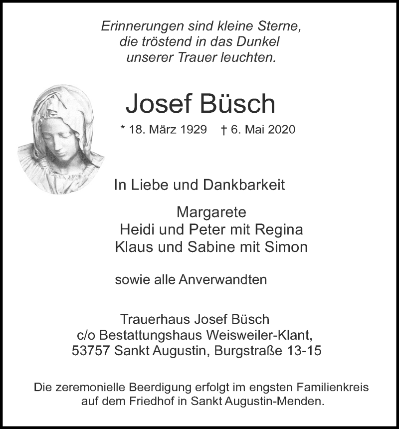  Traueranzeige für Josef Büsch vom 09.05.2020 aus Kölner Stadt-Anzeiger / Kölnische Rundschau / Express