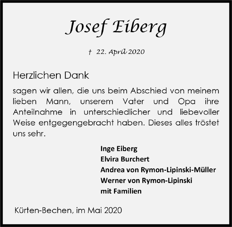 Traueranzeige für Josef Eiberg vom 08.05.2020 aus  Bergisches Handelsblatt 