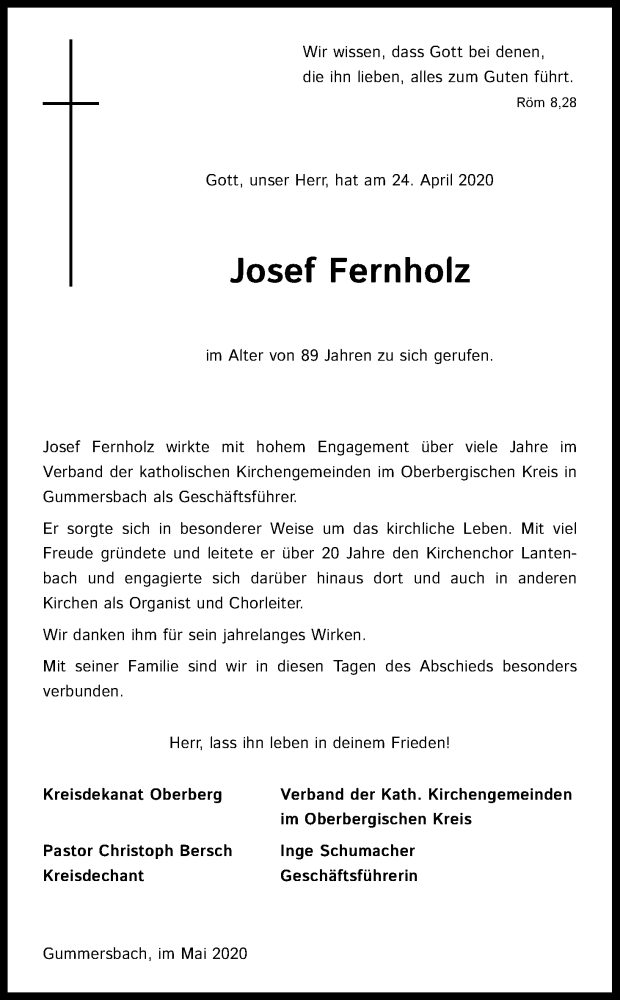  Traueranzeige für Josef Fernholz vom 09.05.2020 aus Kölner Stadt-Anzeiger / Kölnische Rundschau / Express