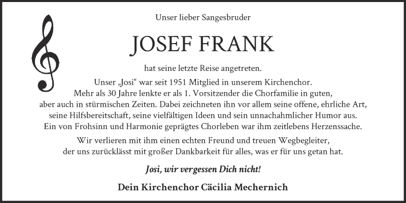  Traueranzeige für Josef Frank vom 23.05.2020 aus  Blickpunkt Euskirchen 
