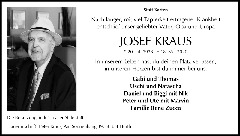  Traueranzeige für Josef Kraus vom 23.05.2020 aus Kölner Stadt-Anzeiger / Kölnische Rundschau / Express