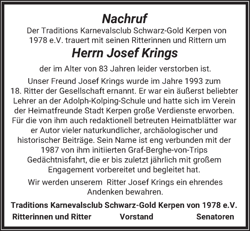  Traueranzeige für Josef Krings vom 15.05.2020 aus  Werbepost 