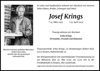Anzeige von Josef Krings von Kölner Stadt-Anzeiger / Kölnische Rundschau / Express