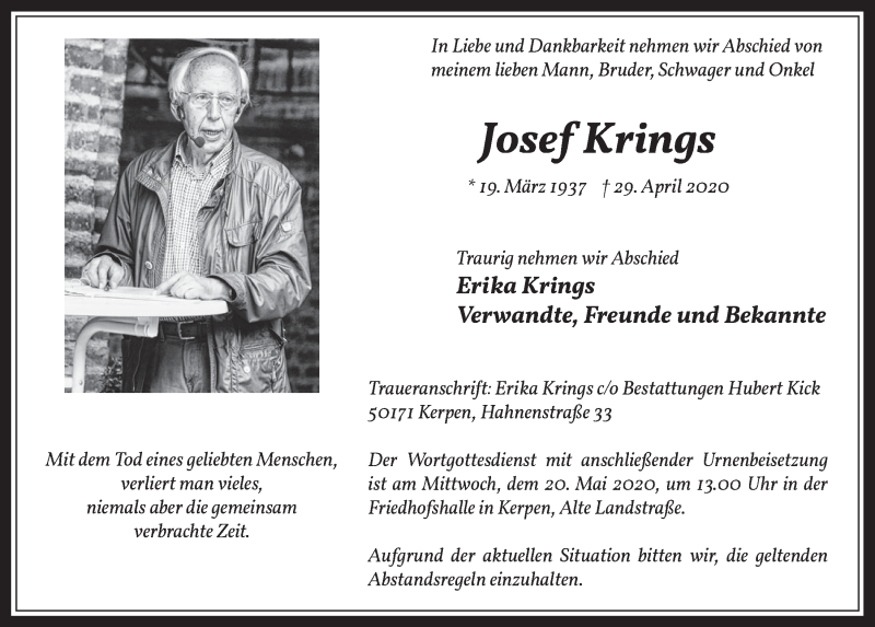  Traueranzeige für Josef Krings vom 15.05.2020 aus  Werbepost 
