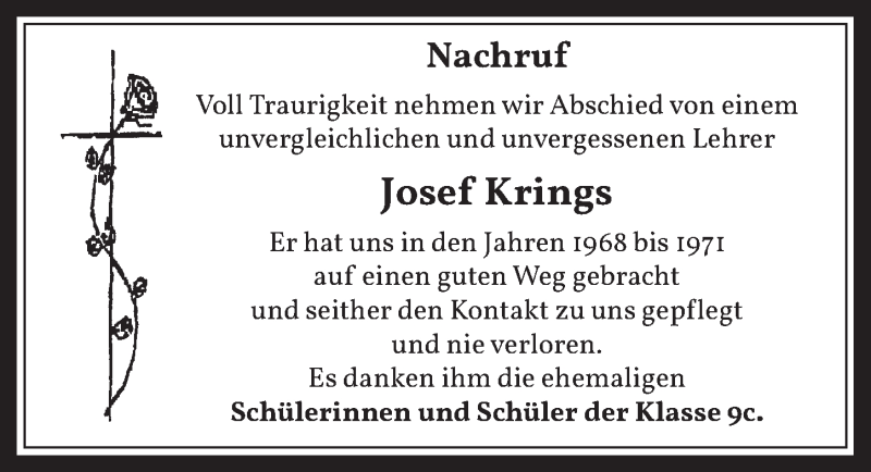  Traueranzeige für Josef Krings vom 29.05.2020 aus  Werbepost 