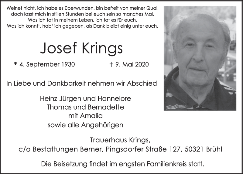  Traueranzeige für Josef Krings vom 15.05.2020 aus  Kölner Wochenspiegel 