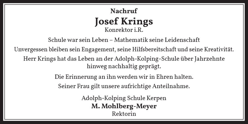  Traueranzeige für Josef Krings vom 22.05.2020 aus  Werbepost 