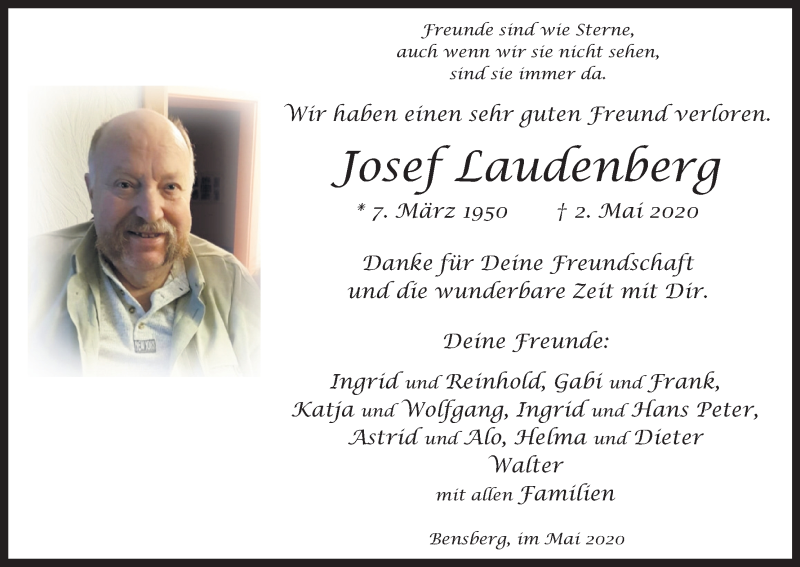  Traueranzeige für Josef Laudenberg vom 09.05.2020 aus Kölner Stadt-Anzeiger / Kölnische Rundschau / Express