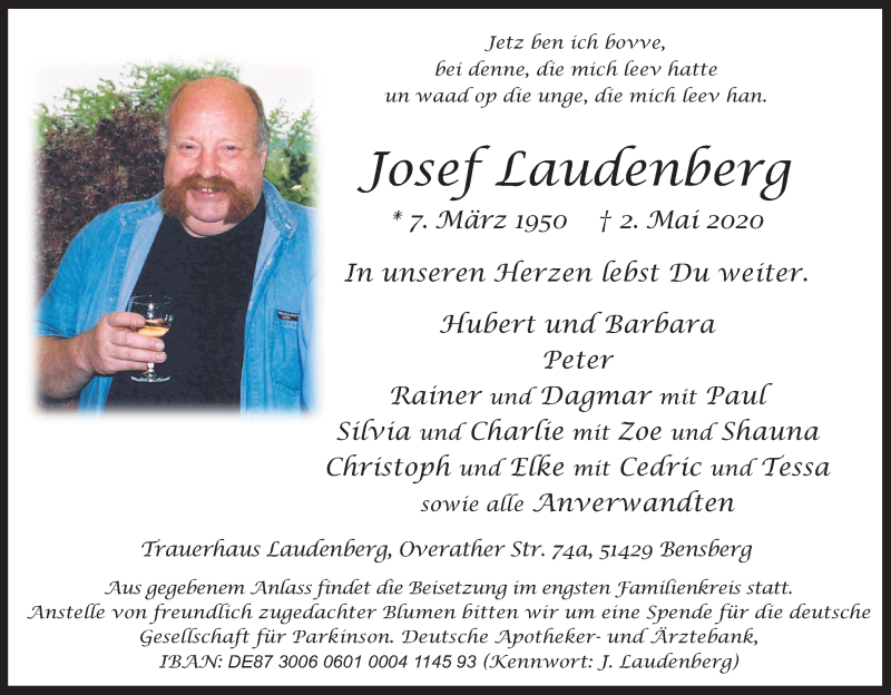  Traueranzeige für Josef Laudenberg vom 09.05.2020 aus Kölner Stadt-Anzeiger / Kölnische Rundschau / Express