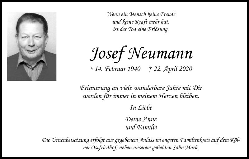  Traueranzeige für Josef Neumann vom 02.05.2020 aus Kölner Stadt-Anzeiger / Kölnische Rundschau / Express