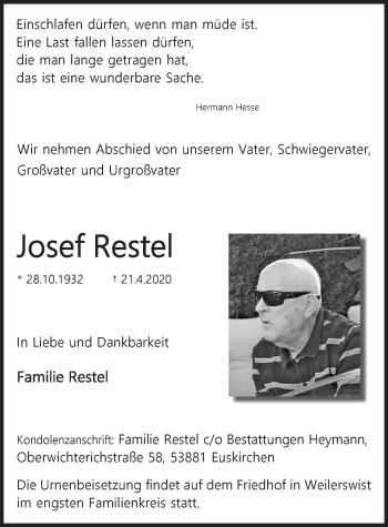 Anzeige von Josef Restel von  Blickpunkt Euskirchen 
