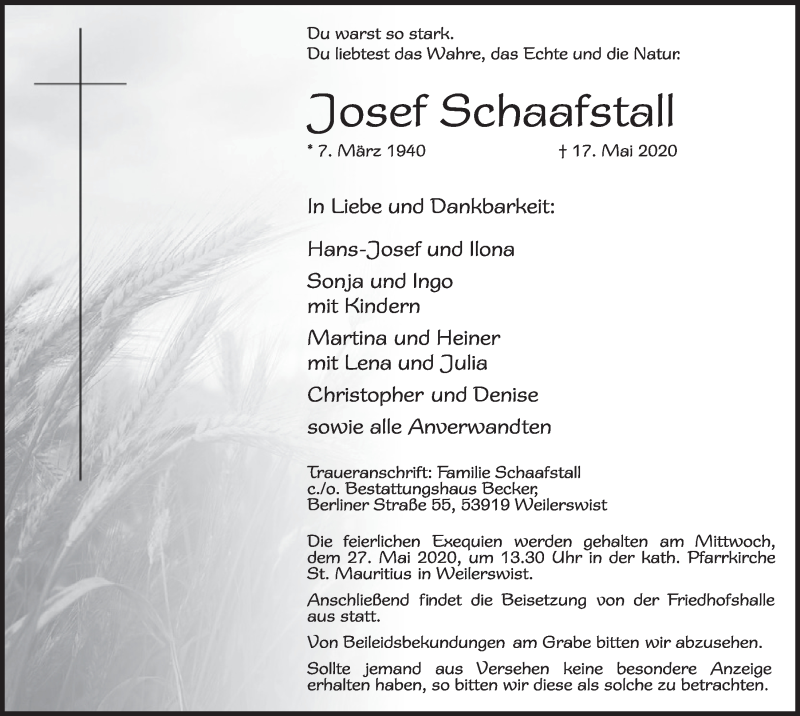  Traueranzeige für Josef Schaafstall vom 23.05.2020 aus  Blickpunkt Euskirchen 